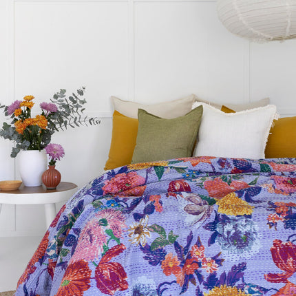 Kantha Quilt Indian Quilt Block Print Quilt Bedspread Bohemian Boho Cotton Throw Quilt Handmade Blanket Doona King Size