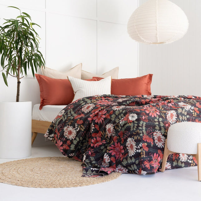 Kantha Quilt Indian Quilt Block Print Quilt Bedspread Bohemian Boho Cotton Throw Quilt Handmade Blanket Doona King Size