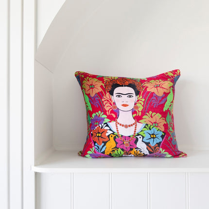 Mexican Painter Pillow Case, Frida Floral Decorative Cushion, Mexican Painter Art Garden Country Cushion Cover - Red Frida Face