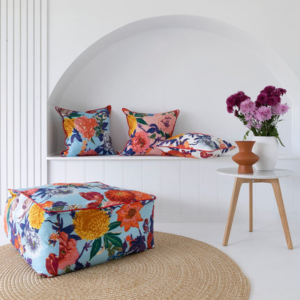 Frida Ottoman Cover Beanbag, Jungle Plants Mexican Painter Art Garden Country Mexico Muertes Ottoman - Turquoise Anthro