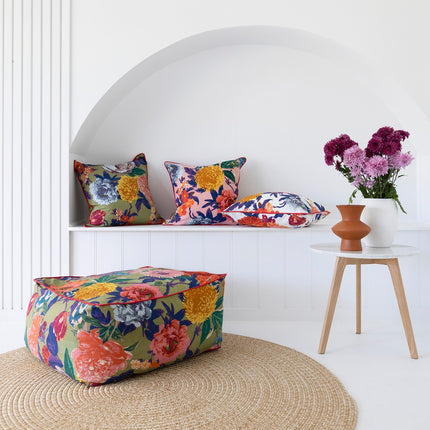 Frida Ottoman Cover Beanbag, Jungle Plants Mexican Painter Art Garden Country Mexico Muertes Ottoman - Green Anthro