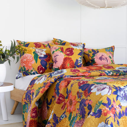 Floral Cotton Quilt Throw Bedspread Block Print Quilt Indian Quilt Comforter Duvet Cover Quilt Gift - Mustard Anthro