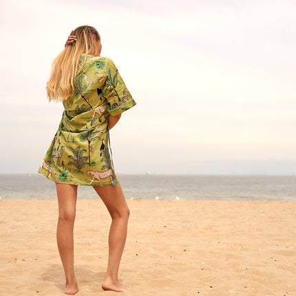 Kimono Cotton Kimono Bathrobe Frida Valentines Day GiftBird Bathrobe Turkish Bathrobe Cardigan Nightwear Dressing Gown Beach - Green Jungle SCK45