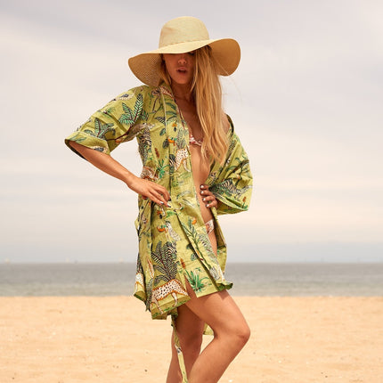 Kimono Cotton Kimono Bathrobe Frida Valentines Day GiftBird Bathrobe Turkish Bathrobe Cardigan Nightwear Dressing Gown Beach - Green Jungle SCK45