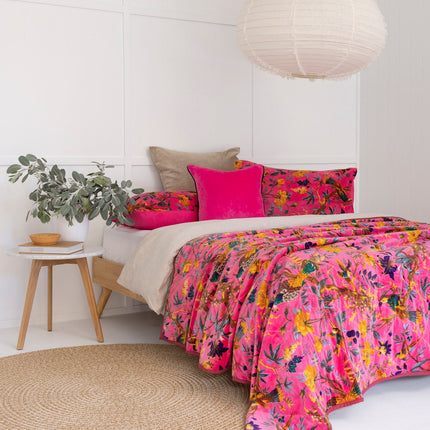 Velvet Frida Kantha Quilt Cotton Quilt Patchwork Quilt Handamade Red Velvet Floral Quilt Comforter Bedspread Blanket - Birds of Paradise - King