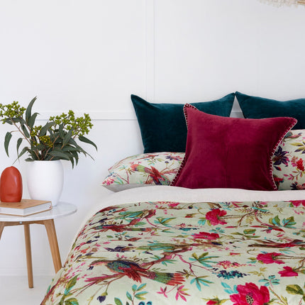 Velvet Frida Kantha Quilt Cotton Quilt Patchwork Quilt Handamade Floral Quilt Comforter Bedspread Blanket - Birds of Paradise Sea Green - Double