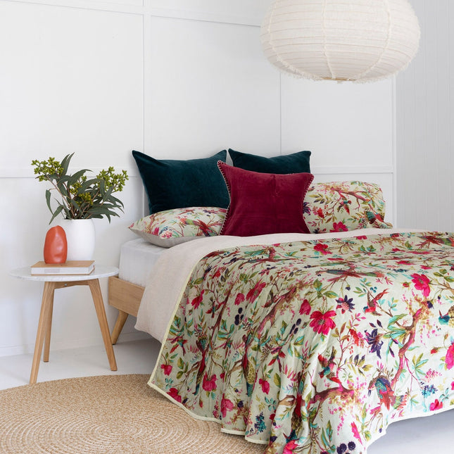 Velvet Frida Kantha Quilt Cotton Quilt Patchwork Quilt Handamade Floral Quilt Comforter Bedspread Blanket - Birds of Paradise Sea Green - Queen