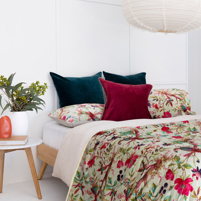 Velvet Frida Kantha Quilt Cotton Quilt Patchwork Quilt Handamade Floral Quilt Comforter Bedspread Blanket - Birds of Paradise Sea Green - Queen