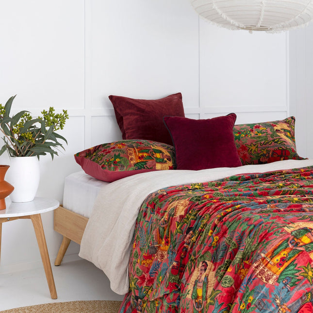 Velvet Frida Kantha Quilt Cotton Quilt Patchwork Quilt Handamade Floral Quilt Comforter Bedspread Blanket - Frida Red - Double