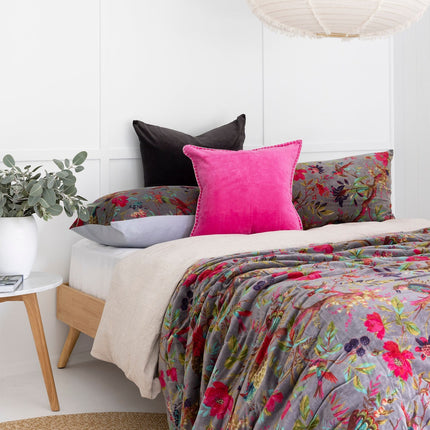 Velvet Frida Kantha Quilt Cotton Quilt Patchwork Quilt Handamade Floral Quilt Comforter Bedspread Blanket -Bird of Paradise Grey - King