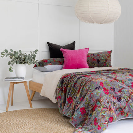 Velvet Frida Kantha Quilt Cotton Quilt Patchwork Quilt Handamade Floral Quilt Comforter Bedspread Blanket -Bird of Paradise Grey - Queen