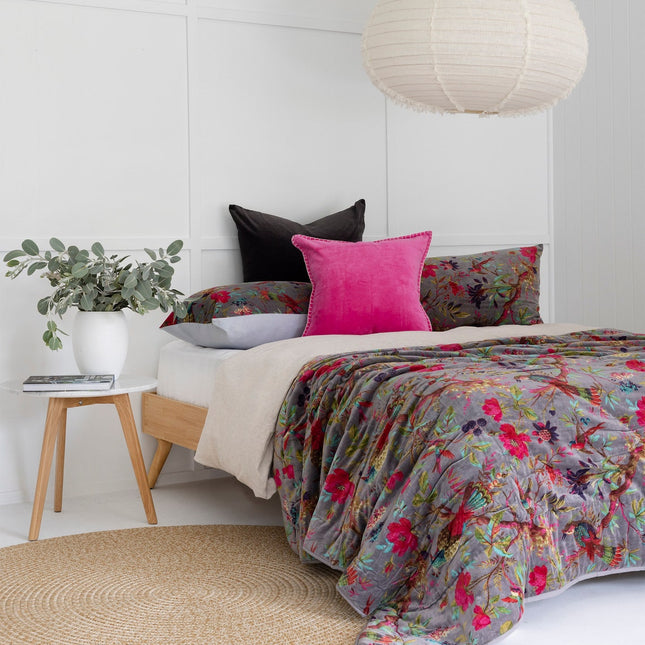 Velvet Frida Kantha Quilt Cotton Quilt Patchwork Quilt Handamade Floral Quilt Comforter Bedspread Blanket -Bird of Paradise Grey - Queen