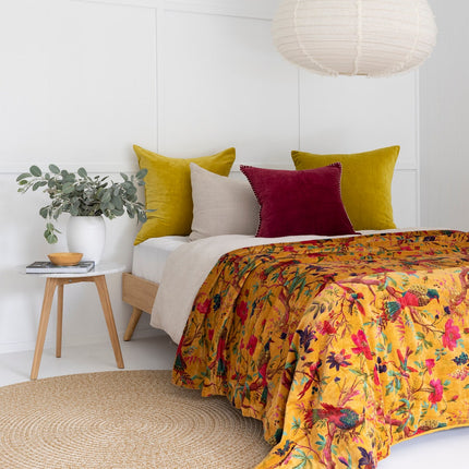 Velvet Frida Kantha Quilt Cotton Quilt Patchwork Quilt Handamade Floral Quilt Comforter Bedspread Blanket -Bird of Paradise Mustard - King