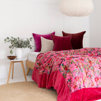 Velvet Frida Kantha Quilt Cotton Quilt Patchwork Quilt Handamade Floral Quilt Comforter Bedspread Blanket -Bird of Paradise Pink - Double