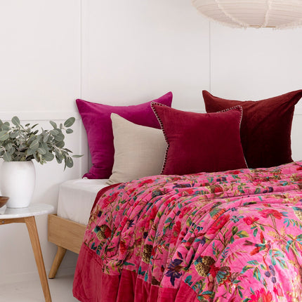 Velvet Frida Kantha Quilt Cotton Quilt Patchwork Quilt Handamade Floral Quilt Comforter Bedspread Blanket -Bird of Paradise Pink - King