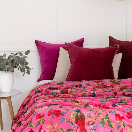 Velvet Frida Kantha Quilt Cotton Quilt Patchwork Quilt Handamade Floral Quilt Comforter Bedspread Blanket -Bird of Paradise Pink - King