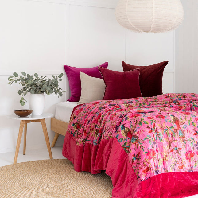Velvet Frida Kantha Quilt Cotton Quilt Patchwork Quilt Handamade Floral Quilt Comforter Bedspread Blanket -Bird of Paradise Pink - Queen