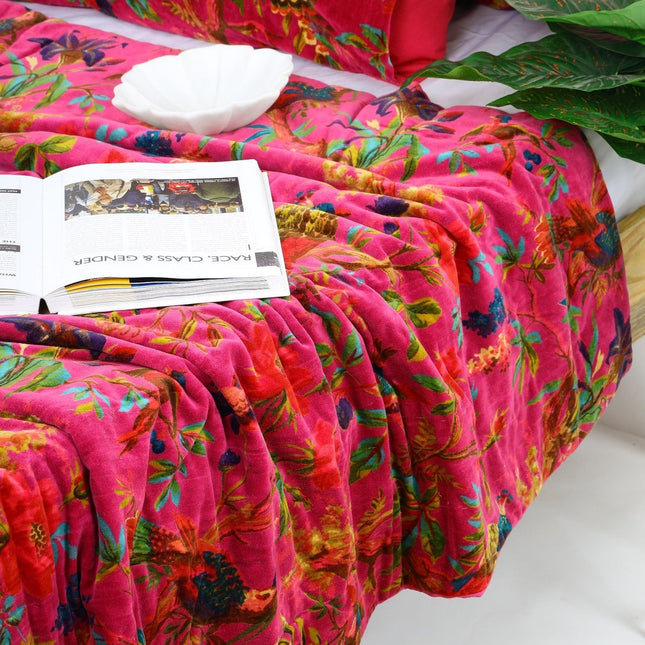 Velvet Frida Kantha Quilt Cotton Quilt Patchwork Quilt Handamade Red Velvet Floral Quilt Comforter Bedspread Blanket - Bird of Paradise Pink