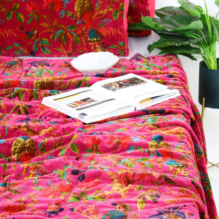 Velvet Frida Kantha Quilt Cotton Quilt Patchwork Quilt Handamade Red Velvet Floral Quilt Comforter Bedspread Blanket - Bird of Paradise Pink