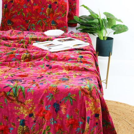 Velvet Frida Kantha Quilt Cotton Quilt Patchwork Quilt Handamade Red Velvet Floral Quilt Comforter Bedspread Blanket - Bird of Paradise Pink