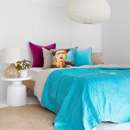 Boho Cotton Velvet Kantha Quilt Indian Quilt Block Print Quilt Bedspread Bohemian Boho Cotton Throw Quilt Handmade Gift - TURQUOISE