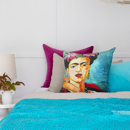 Boho Cotton Velvet Kantha Quilt Indian Quilt Block Print Quilt Bedspread Bohemian Boho Cotton Throw Quilt Handmade Gift - TURQUOISE