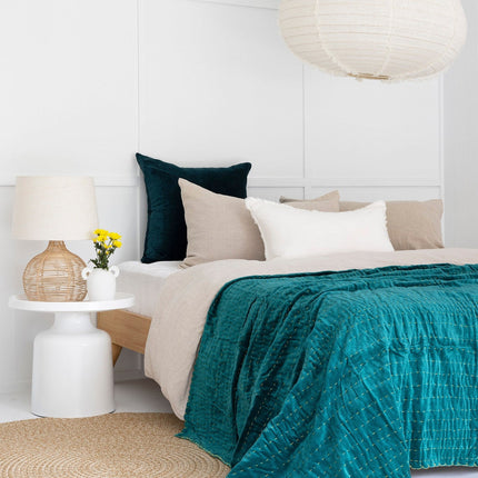 Boho Cotton Velvet Kantha Quilt Indian Quilt Block Print Quilt Bedspread Bohemian Boho Cotton Throw Quilt Handmade Gift - DARK GREEN