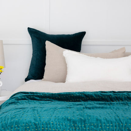 Boho Cotton Velvet Kantha Quilt Indian Quilt Block Print Quilt Bedspread Bohemian Boho Cotton Throw Quilt Handmade Gift - DARK GREEN