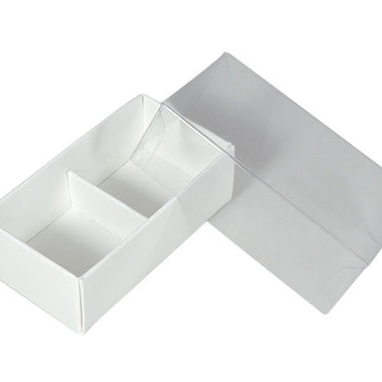 10 Pack of White Card Chocolate Sweet Soap Product Reatail Gift Box - 2 Bay Compartments - Clear Slide On Lid - 8x4x3cm