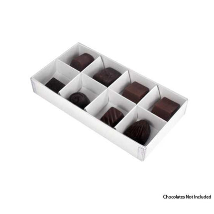 10 Pack of White Card Chocolate Sweet Soap Product Reatail Gift Box - 8 bay 3cm Compartments - Clear Slide On Lid - 16x8x3cm