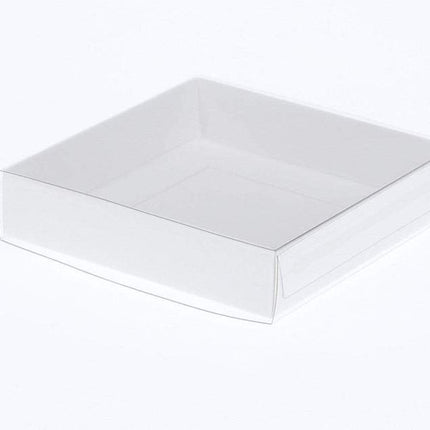 10 Pack of 10cm Square Invitation Coaster Favor Function product Presentation Cookie Biscuit Patisserie Gift Box - 2cm deep - White Card with Clear Slide On PVC Lid