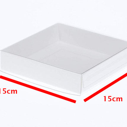 10 Pack of 15cm Square Invitation Coaster Favor Function product Presentation Cookie Biscuit Patisserie Gift Box - 4cm deep - White Card with Clear Slide On PVC Lid