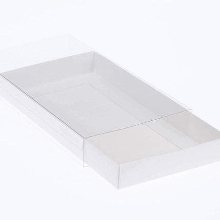 10 Pack of White Card Box - Clear Slide On Lid - 17 x 25 x 5cm -  Large Beauty Product Gift Giving Hamper Tray Merch Fashion Cake Sweets Xmas