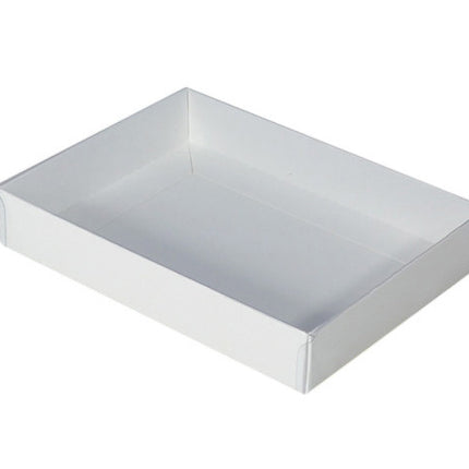 10 Pack of White Card Square Box - Clear Slide On Lid - 20 x 20 x 8cm -  Large Beauty Product Gift Giving Hamper Tray Merch Fashion Cake Sweets Xmas