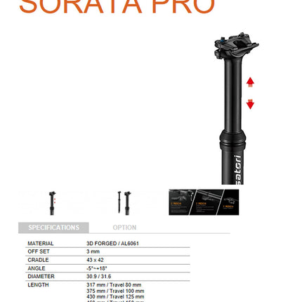 Satori Mountain Bike Pro Dropper Adjustable Seatpost Internal Cable 31.6 Diameter 100mm Travel