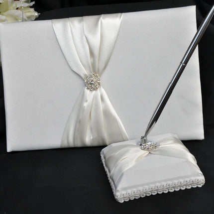 White Wedding Guest Book Register with Silver Pen Matching Stand Set 36 Lined Pages - Ivory Sach Ribbon Cover