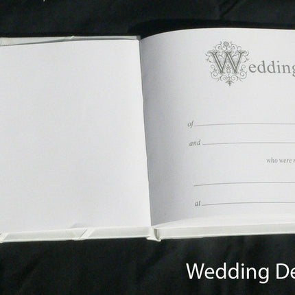 White Wedding Guest Book Register with Silver Pen Matching Stand Set 36 Lined Pages - Ivory Sach Ribbon Cover