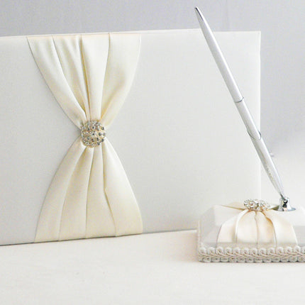 White Wedding Guest Book Register with Silver Pen Matching Stand Set 36 Lined Pages - Ivory Sach Ribbon Cover