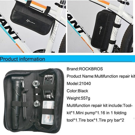 14pcs Bicycle Repair Tool Kit Bag Strap to Frame - ROCKBROS Pump Hex Wrench Patch for Bike Tyre Tools