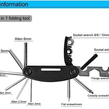 14pcs Bicycle Repair Tool Kit Bag Strap to Frame - ROCKBROS Pump Hex Wrench Patch for Bike Tyre Tools