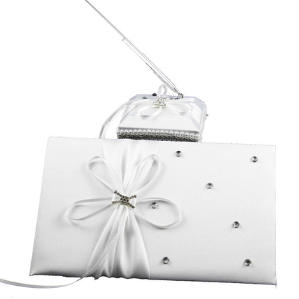White Wedding Guest Book Register with Silver Pen Matching Stand Set 36 Lined Pages - White Ribbon and Diamante Bow Cover
