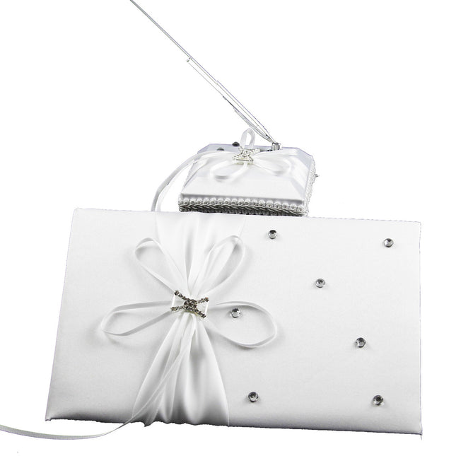 White Wedding Guest Book Register with Silver Pen Matching Stand Set 36 Lined Pages - White Ribbon and Diamante Bow Cover