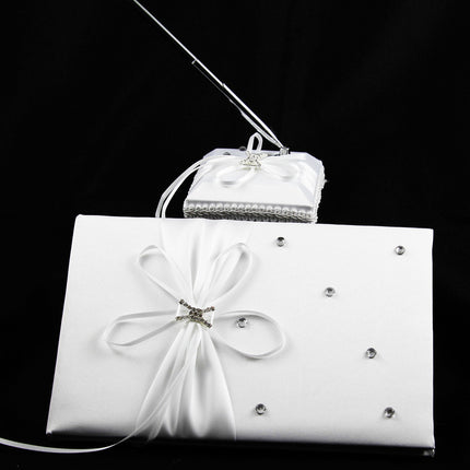 White Wedding Guest Book Register with Silver Pen Matching Stand Set 36 Lined Pages - White Ribbon and Diamante Bow Cover