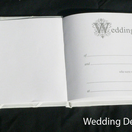 White Wedding Guest Book Register with Silver Pen Matching Stand Set 36 Lined Pages - White Ribbon and Diamante Bow Cover