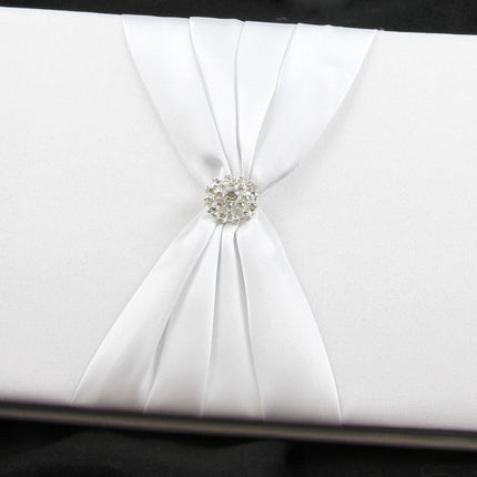 White Wedding Guest Book Register with Silver Pen Matching Stand Set 36 Lined Pages - White Sach Diamante Cover