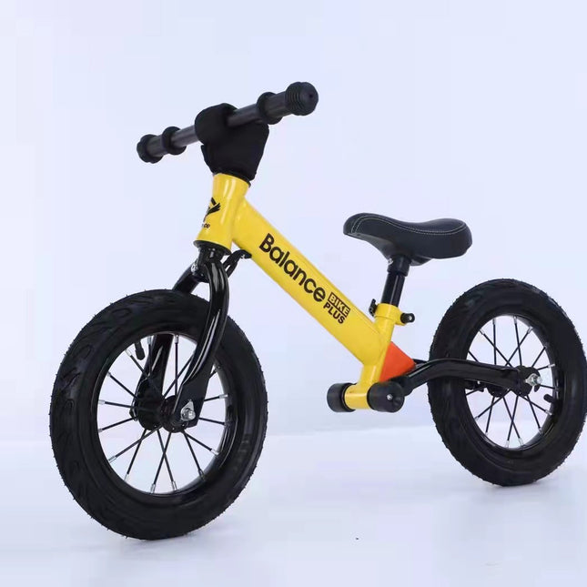 Bike Plus Kids Balance Bike Training Aluminium - Yellow with Suspension - 12" Rubber Tyres - Foot Pegs -Ride On No Pedal Push