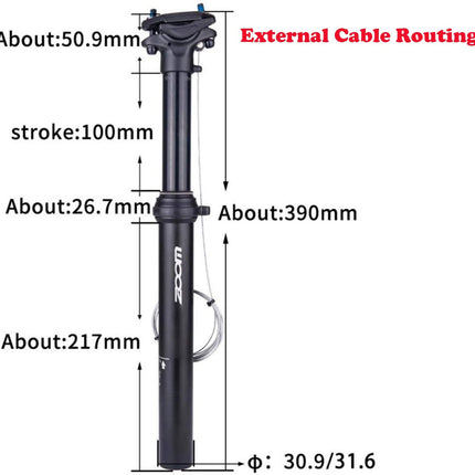 ZOOM SPD-801 Dropper Seatpost Adjustable Height via Thumb Remote Lever - External Cable 30.9 Diameter 100mm Travel