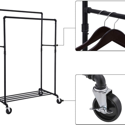 SONGMICS Industrial Pipe with Double Hanging Rail Clothes Rack on Wheels load of 110 Kg