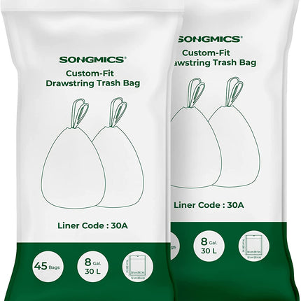 SONGMICS 2-Roll Drawstring Trash Bags Bundle，Suitable for SONGMICS Dual 2 x 30L Rubbish Bin - Leakproof, Strong HDPE, White Garbage Liners