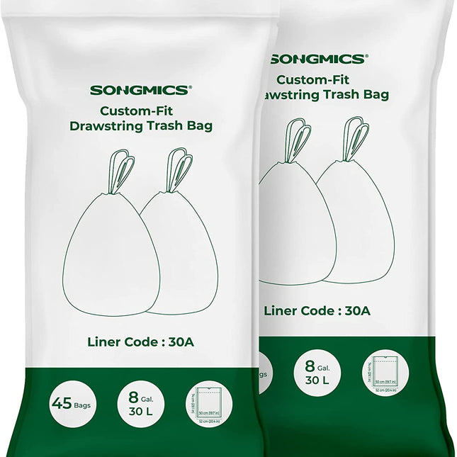 SONGMICS 2-Roll Drawstring Trash Bags Bundle，Suitable for SONGMICS Dual 2 x 30L Rubbish Bin - Leakproof, Strong HDPE, White Garbage Liners